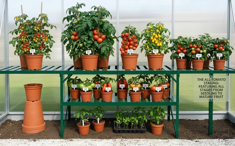 Vitavia two-tier green aluminium staging bench inside a greenhouse with young tomato seedlings in pots and seed trays at different growth stages