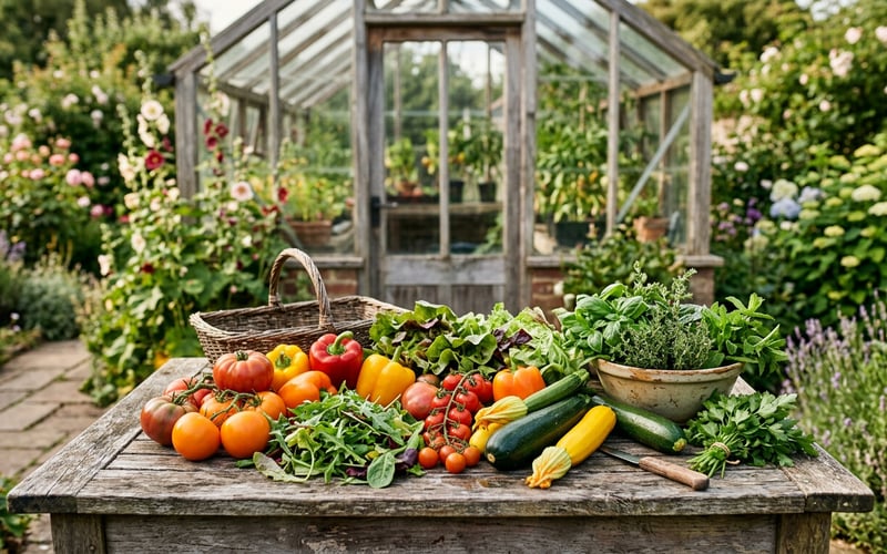Freshly harvested tomatoes peppers and salad leaves on a wooden table beside a greenhouse