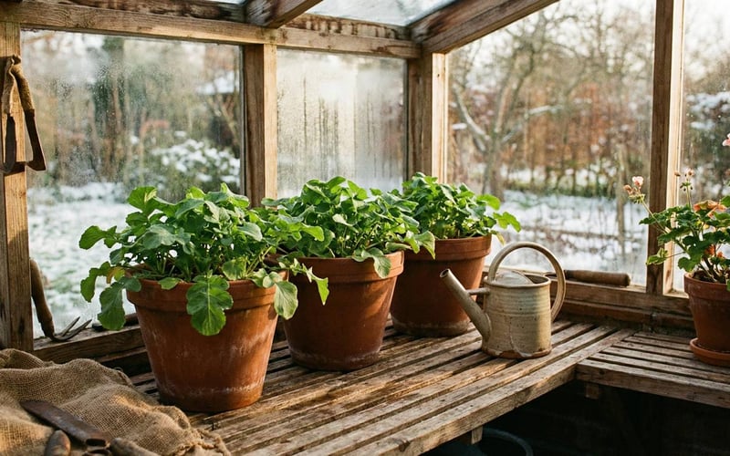 Winter radishes growing in deep terracotta pots inside a lean-to greenhouse.
