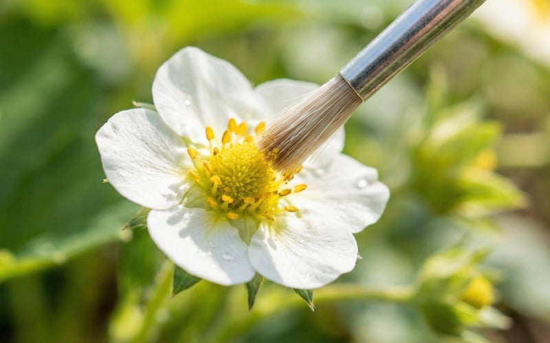 Close up of a hand using a small brush to pollinate a white strawberry flower