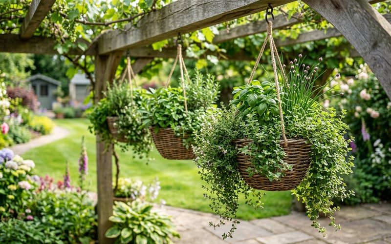Hanging basket herb planters suspended from a wooden pergola with trailing thyme and oregano cascading from woven baskets