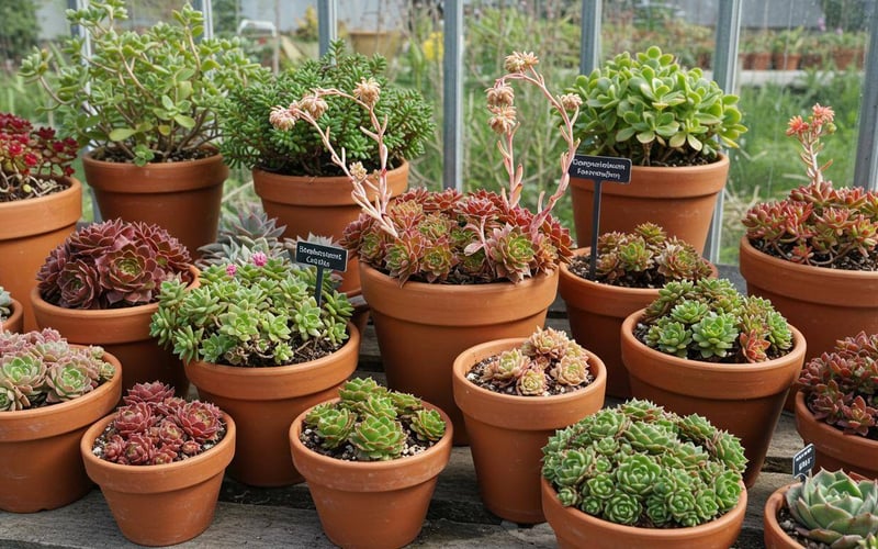 Collection of cold-hardy succulents perfect for UK greenhouses including Sempervivum and Sedum varieties