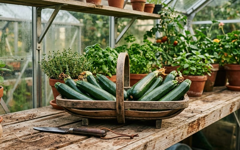 Freshly harvested courgettes at 15-20cm in a wooden trug basket on greenhouse staging