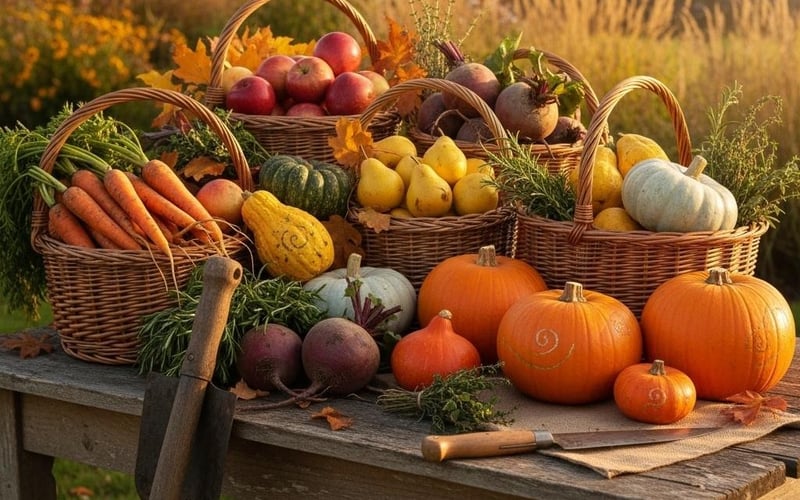 October vegetable harvest UK garden apples pears root vegetables storage