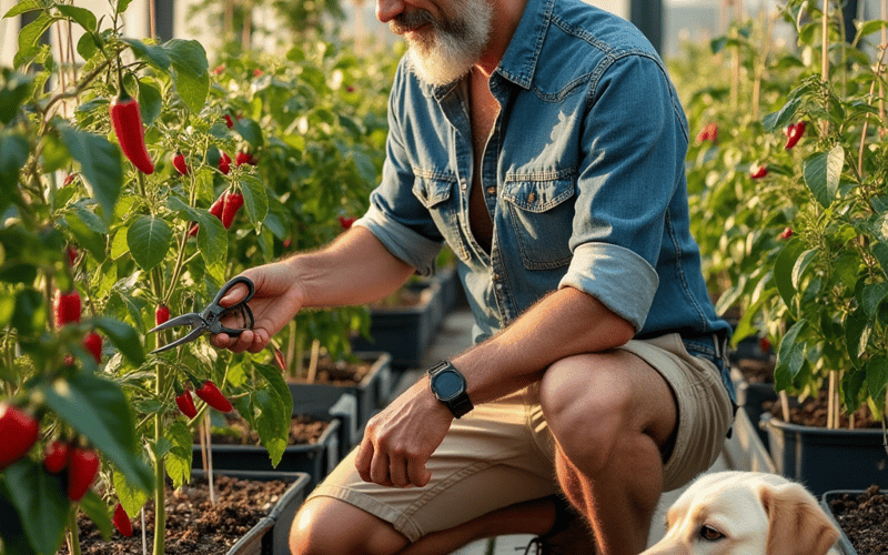 Harvesting ripe chillies in a UK greenhouse
