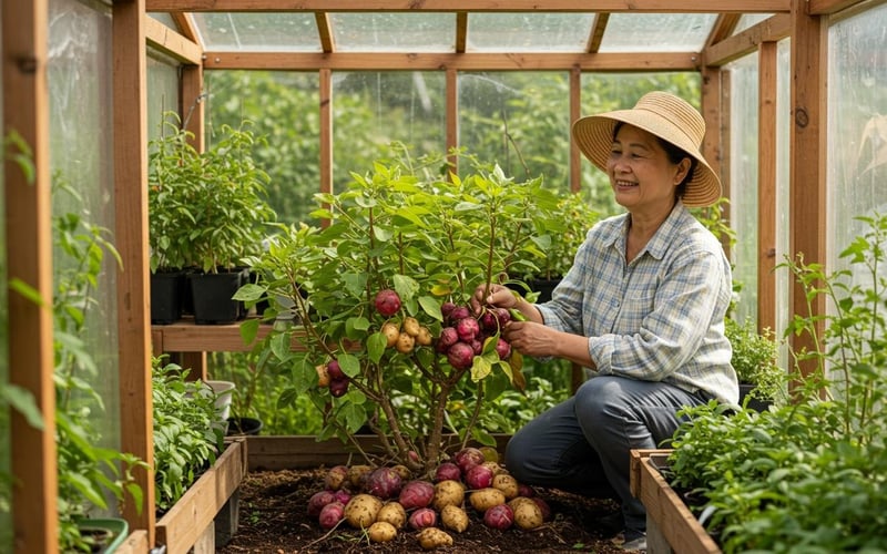 Harvesting colourful oca New Zealand yams in red, yellow, and pink hues.