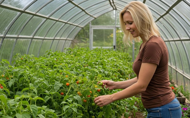 Gardener harvesting ripe red miracle berries in greenhouse alongside exotic tomato varieties.