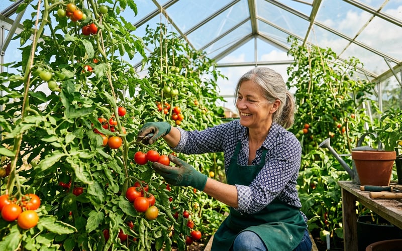Person tending tomato plants inside a bright greenhouse surrounded by healthy crops