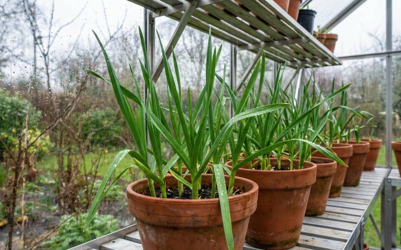 Close up of vibrant green, healthy garlic shoots growing in pots on greenhouse staging, contrasting with a rainy garden outside.
