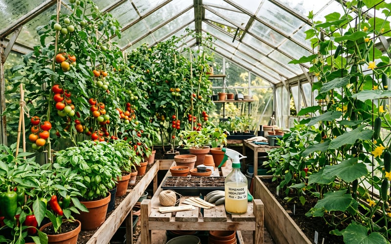 Healthy thriving greenhouse plants in mid-summer with tomato plants, basil, peppers and cucumber vine all pest-free in a sunlit UK greenhouse interior