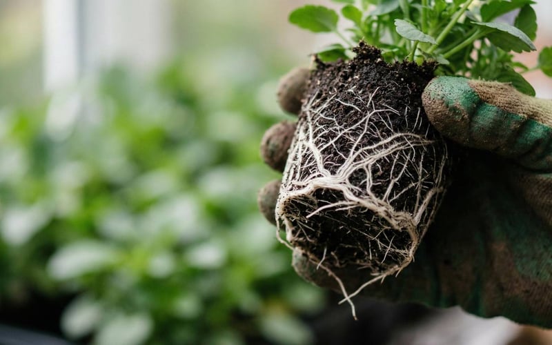 Close up of a winter pansy plug plant being held, showing healthy white roots ready for potting on