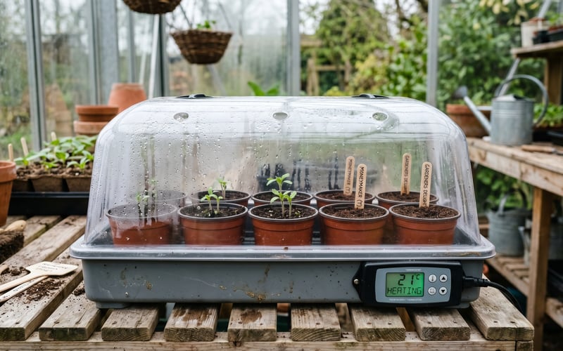 Electric heated propagator with clear plastic dome on greenhouse staging containing 9cm pots of sprouting tomato seedlings with the digital thermostat showing 21 degrees Celsius