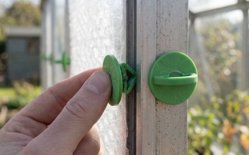 Elite insulation clips attaching bubble wrap to aluminium greenhouse glazing bars
