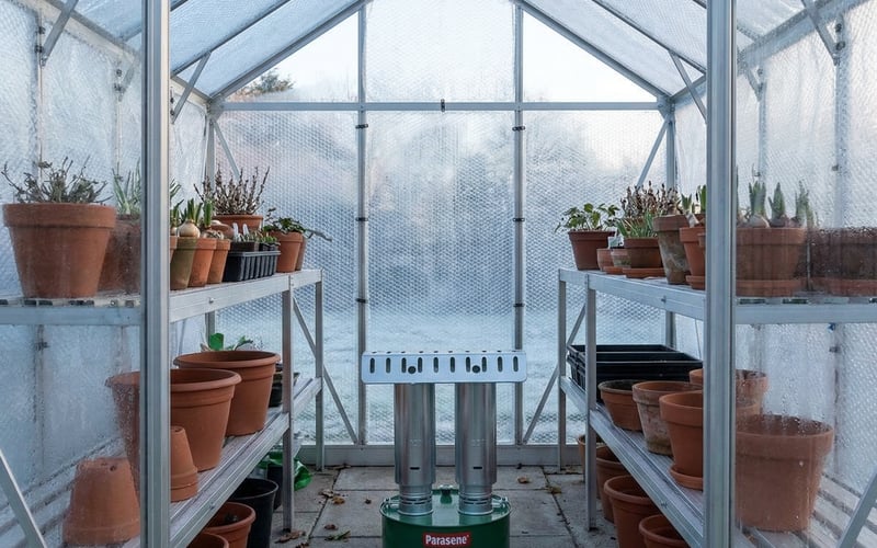 Elite Super Warm 5 paraffin heater on the floor of an aluminium greenhouse between staging benches with bubble wrap insulation