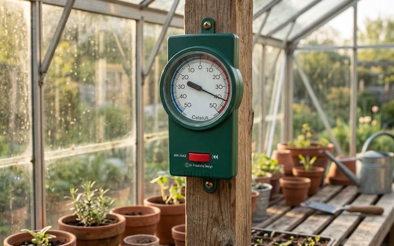 Vitavia max min thermometer mounted on a greenhouse staging bench post