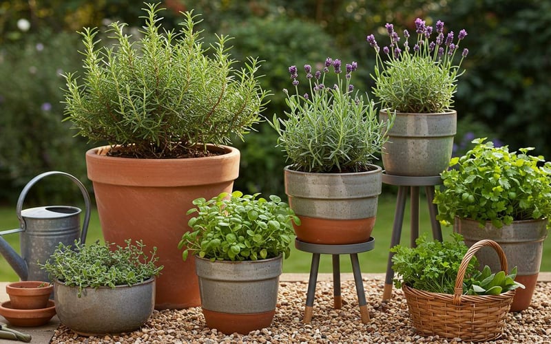 Patio herb garden display with various sized terracotta and ceramic containers growing rosemary, lavender, and culinary herbs in a modern outdoor setting