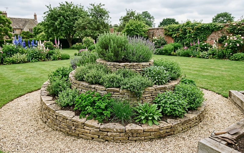Stone spiral herb garden design with rosemary and lavender at the top cascading down through thyme and oregano to parsley and chives at the base in a UK garden setting