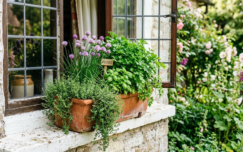 Rustic terracotta window box herb garden on a cottage windowsill with thyme, chives, parsley and basil growing in warm afternoon sunlight