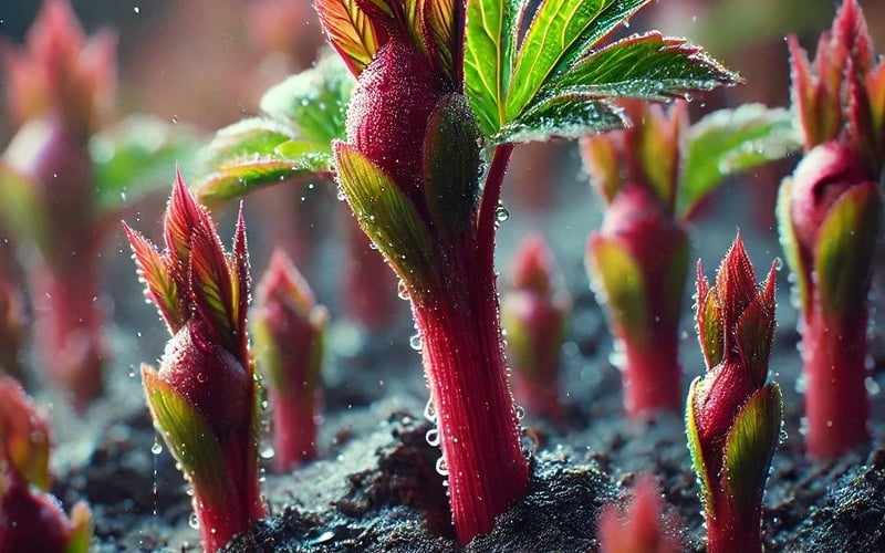 Herbaceous peony new shoots emerging in spring