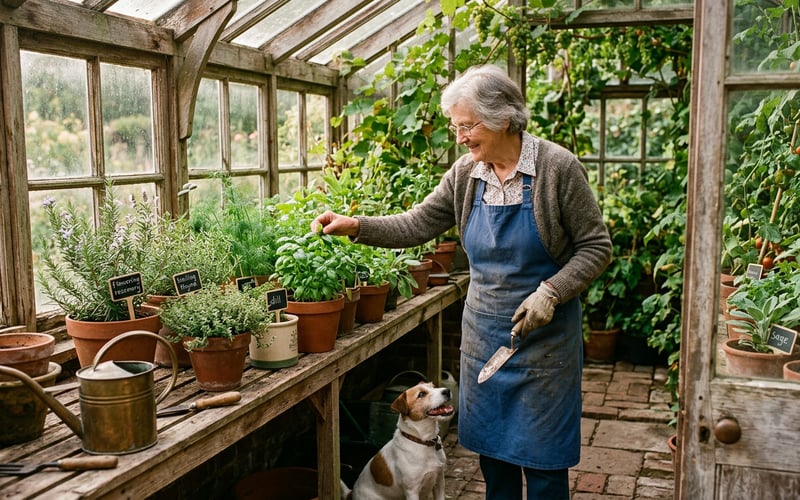 Herbs growing inside a traditional wooden greenhouse with terracotta pots of basil, rosemary and thyme on a wooden staging bench