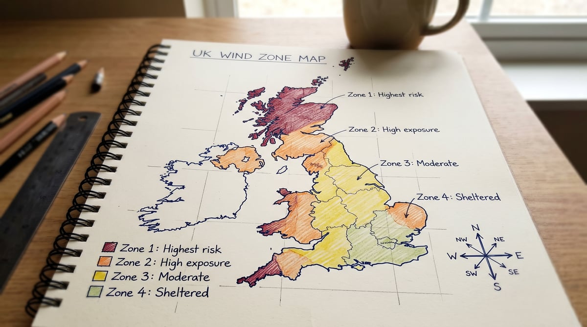 Hand-drawn UK wind exposure zones map showing the four risk tiers across England, Scotland, Wales and Northern Ireland — highest risk in the Scottish Highlands, Outer Hebrides, Orkney, Shetland and the Pembrokeshire coast; high exposure across most of Scotland, the Welsh coast and East Anglia; moderate across inland England and Wales; sheltered across London, the Midlands and inland southern England