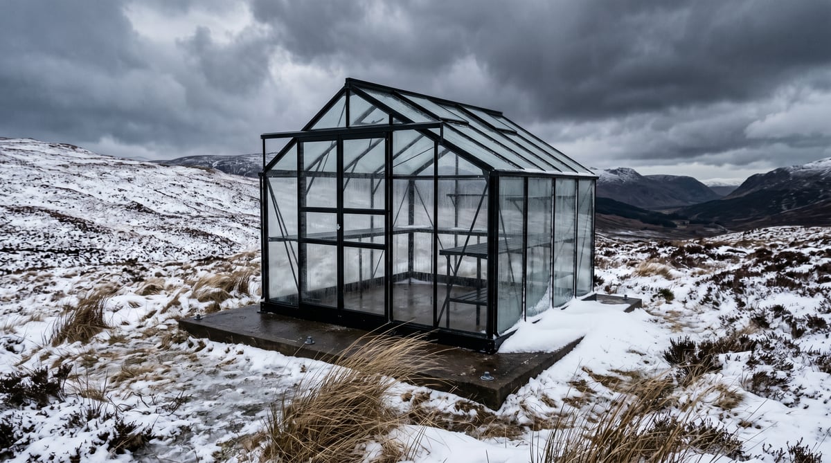 Heavy-gauge black powder-coated aluminium greenhouse anchored on a concrete pad foundation on an exposed Scottish hillside in winter, with snow on the ground and heather-covered hills in the background — example of a high-wind greenhouse installation in the Scottish Highlands