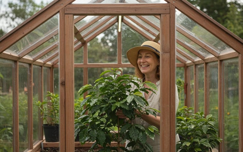 Person holding potted coffee plant with glossy leaves inside wooden greenhouse.