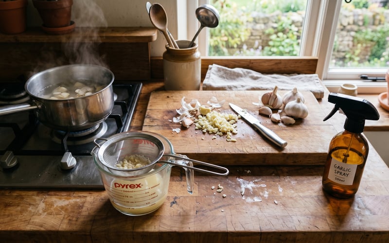 Homemade garlic pesticide spray preparation showing crushed garlic cloves on a wooden board with a stainless steel saucepan and a mesh strainer over a glass jug on a cottage kitchen worktop