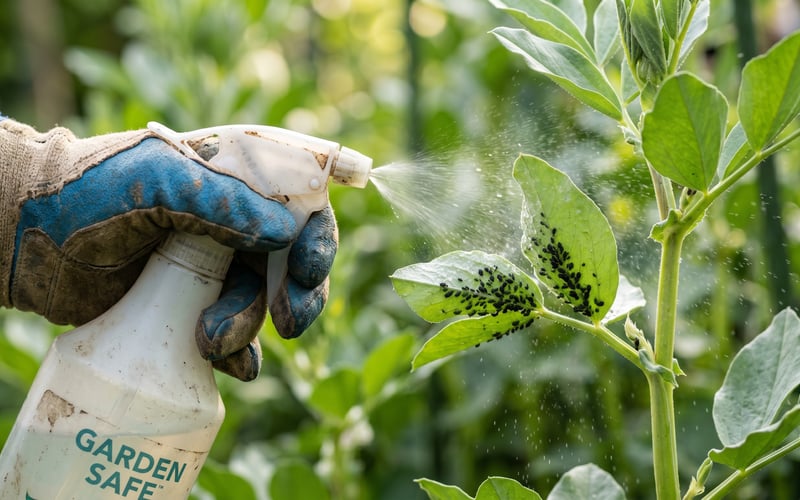 Gloved hand spraying a fine mist of soap-and-water solution onto a cluster of black aphids on the underside of a broad bean leaf in a UK garden