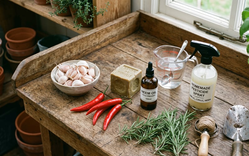 Homemade pesticide ingredients arranged on a wooden potting bench: bowl of garlic cloves, red chillies, olive-oil soap, bottle of neem oil, measuring jug, glass spray bottle and fresh rosemary