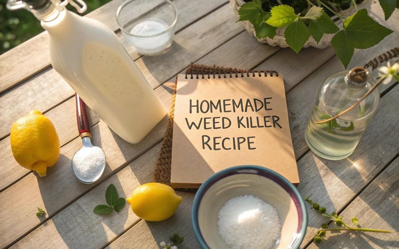 Homemade weed killer recipe with white vinegar, salt and dish soap ingredients laid out on wooden garden table with measuring cups