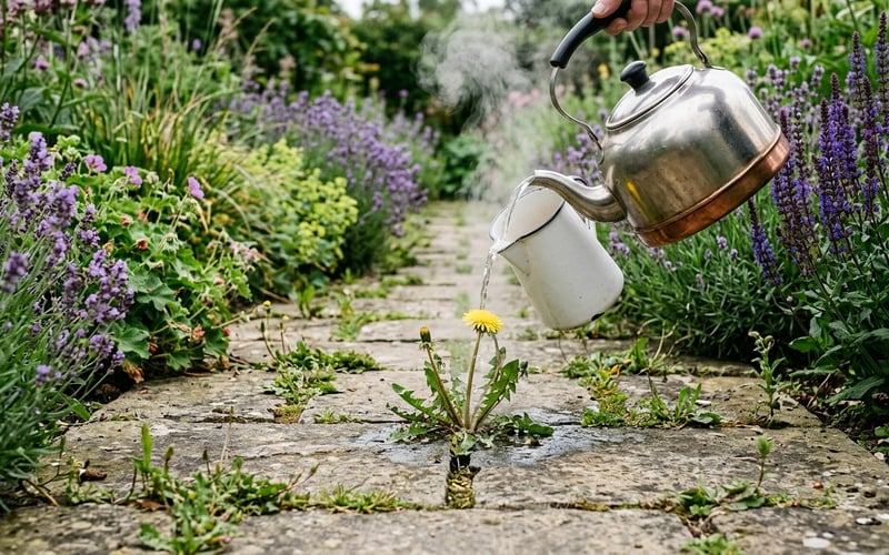 Boiling water poured from a white enamel jug onto a dandelion in the cracks of a UK stone paved path between lavender and salvia borders