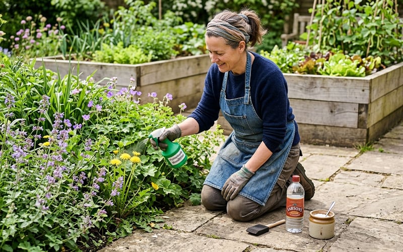 UK gardener spot-treating dandelions with a homemade vinegar weed killer in a sunny English cottage garden border
