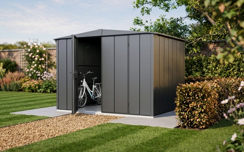 Hormann Berry Apex Metal Garden Shed in anthracite grey installed on a concrete pad in a UK garden with a bicycle stored inside and beech hedge alongside