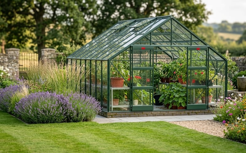 Elite Classique powder-coated green aluminium greenhouse in a UK garden in excellent condition after 15 years showing no frame corrosion