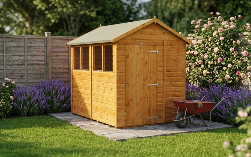 Power 8x6 Shiplap Apex Wooden Shed installed on a level paving slab base in a UK garden with lawn and climbing rose behind