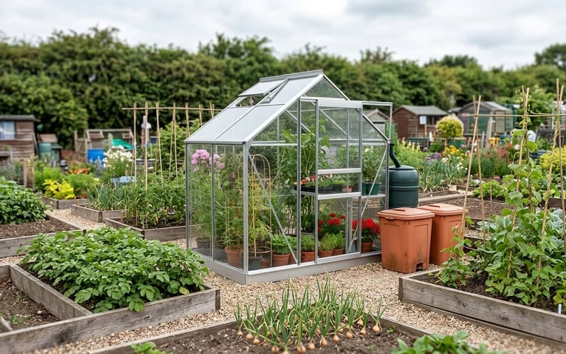 Vitavia Venus 2500 6x4 silver aluminium greenhouse installed on a UK allotment plot with raised beds runner beans and seedling trays visible inside