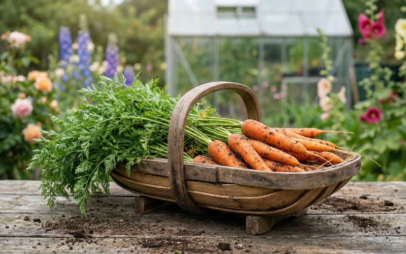 Freshly harvested orange carrots with green tops sitting in a wooden trug in a British garden setting
