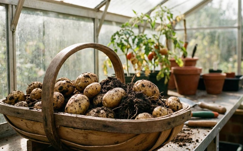 Freshly harvested potatoes in a trug basket inside a British greenhouse