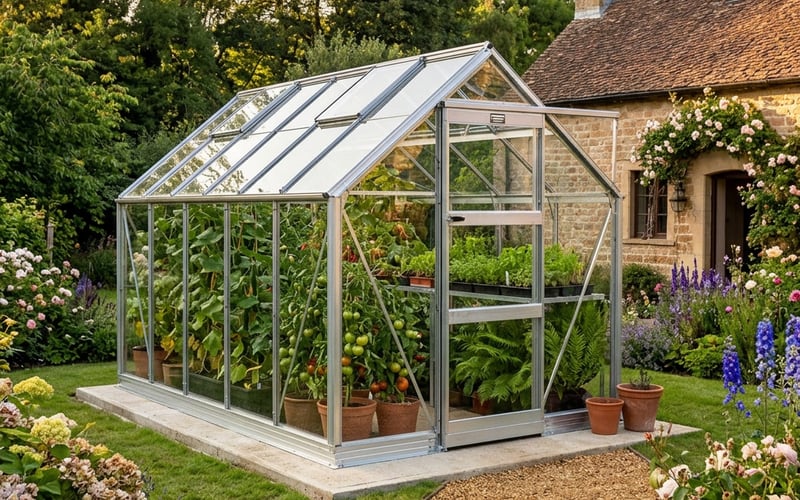 Elite Craftsman 6x10 greenhouse in an English country garden with concrete base and gravel path