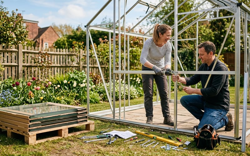 Two people assembling an aluminium greenhouse frame in a suburban UK garden with tools and glass panels nearby