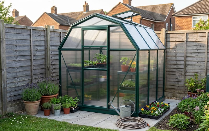 Palram Canopia EcoGrow polycarbonate greenhouse assembled in a small urban UK garden on paving base