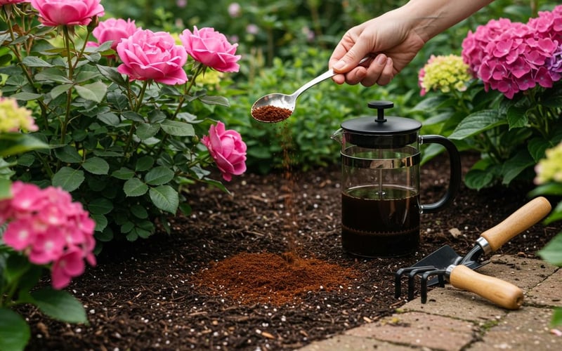How to use coffee grounds for plants showing coffee grounds being added to garden soil around healthy flowering plants