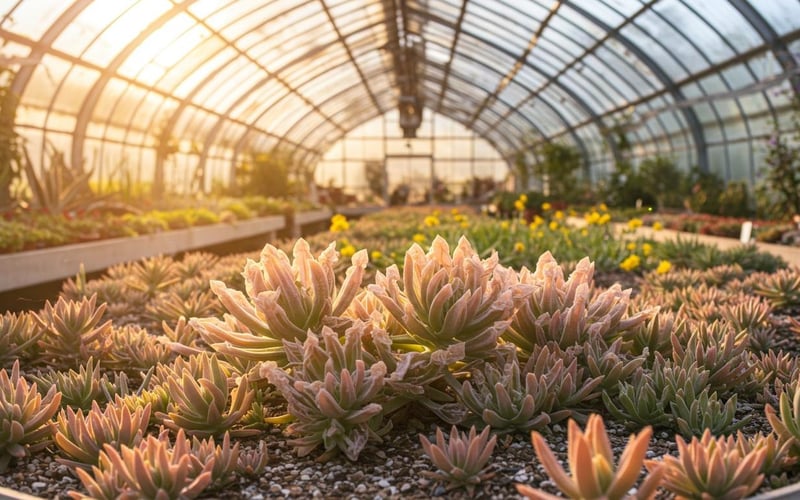 Collection of colorful ice plants with crystalline foliage growing in greenhouse.