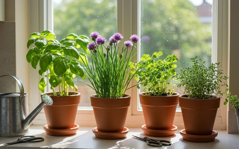 Kitchen windowsill herb garden with basil, chives and parsley in terracotta pots with natural lighting and modern kitchen background