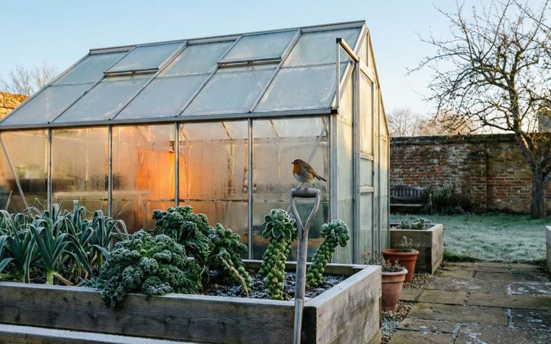  A crisp, sunny January morning in a British garden featuring a frost-covered aluminium greenhouse and winter vegetables.
