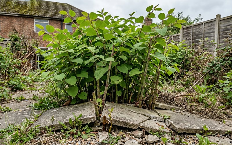 Japanese knotweed with zigzag purple-speckled stems and shovel-shaped leaves pushing through cracked concrete in a UK garden