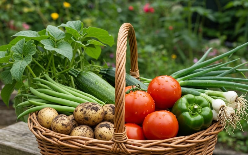 July harvest of potatoes, beans, and summer vegetables demonstrating peak growing season success