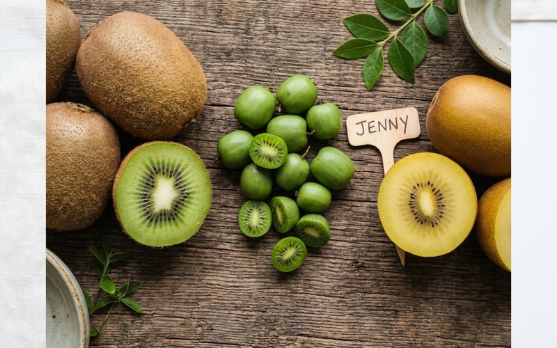 Three kiwi fruit varieties for UK greenhouses showing fuzzy brown deliciosa and smooth green arguta kiwi berries