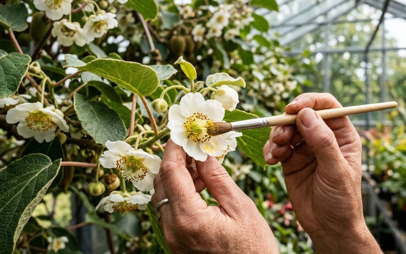 Hand pollinating a white kiwi flower with a soft paintbrush inside a greenhouse transferring pollen to stigma